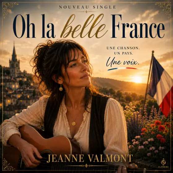Pochette officielle du single Oh la belle France de Jeanne Valmont produite par Olysera Music.
