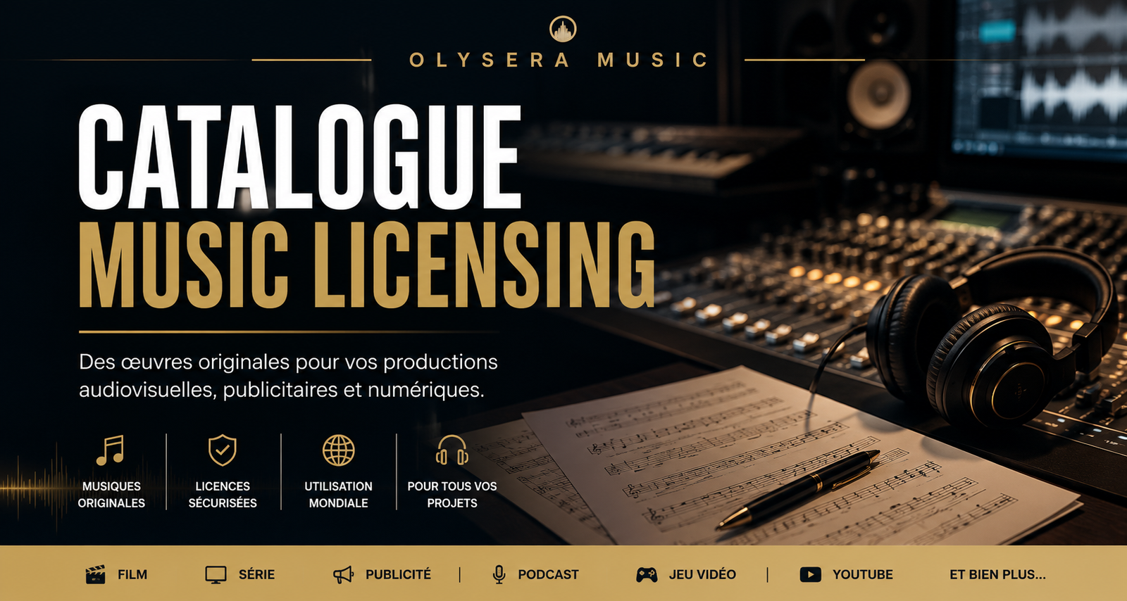 Catalogue Music Licensing | Olysera Music Bannière du catalogue Music Licensing d'Olysera Music présentant des musiques originales disponibles sous licence pour le cinéma, les séries TV, la publicité, les jeux vidéo, les documentaires et les entreprises.