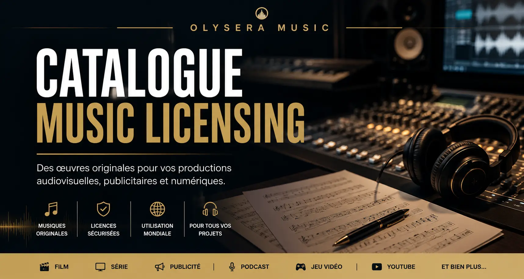 Catalogue Music Licensing | Olysera Music Bannière du catalogue Music Licensing d'Olysera Music présentant des musiques originales disponibles sous licence pour le cinéma, les séries TV, la publicité, les jeux vidéo, les documentaires et les entreprises.