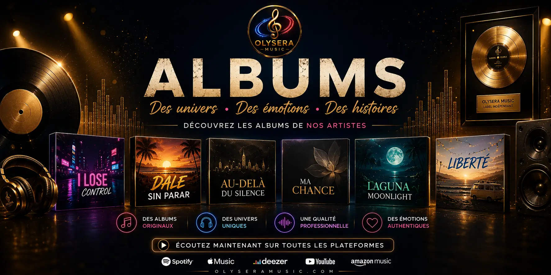 olysera-music-albums-originaux Bannière de la page Albums d'Olysera Music présentant les albums originaux du label indépendant.
