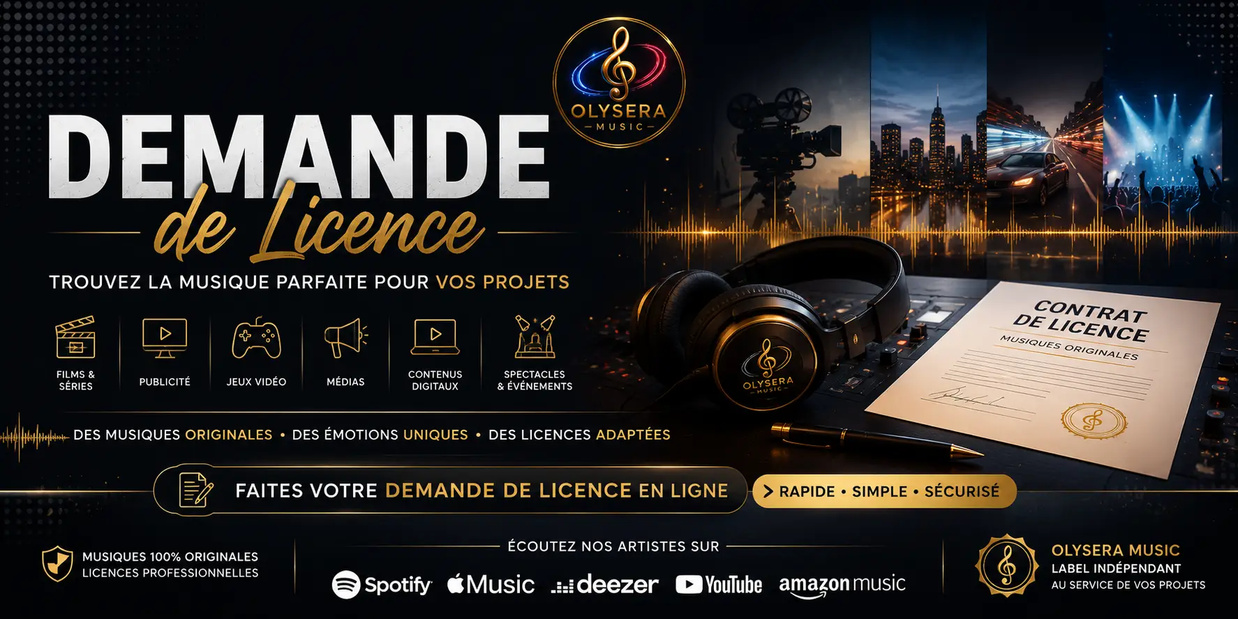 Bannière de la page Demande de licence d'Olysera Music présentant les licences musicales pour films, publicités, jeux vidéo, entreprises et créateurs de contenu.