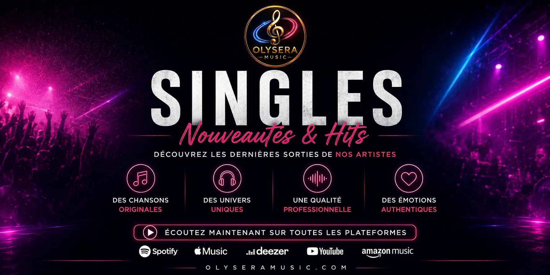 Bannière de la page Singles d'Olysera Music présentant les dernières nouveautés musicales et les artistes du label.